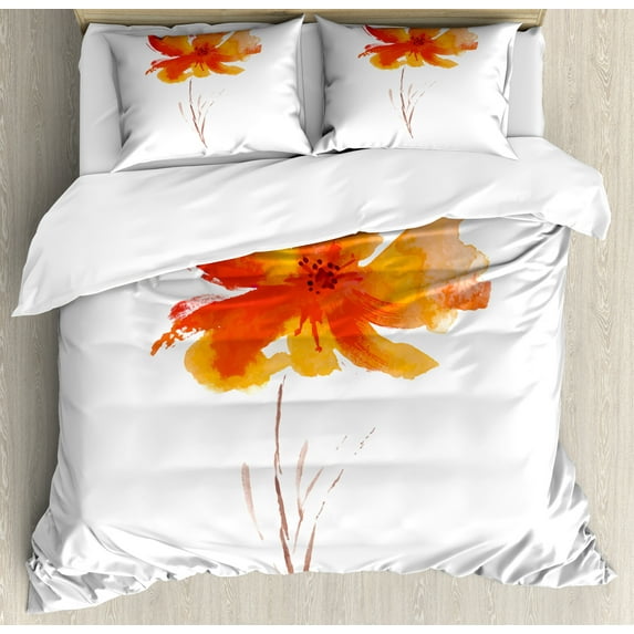 Watercolor Flower Duvet Cover Set, Single Poppy Flower on Plain Clear Background Nature Inspired Romantic, Decorative 3 Piece Bedding Set with 2 Pillow Shams, King Size, White Orange, by Ambesonne