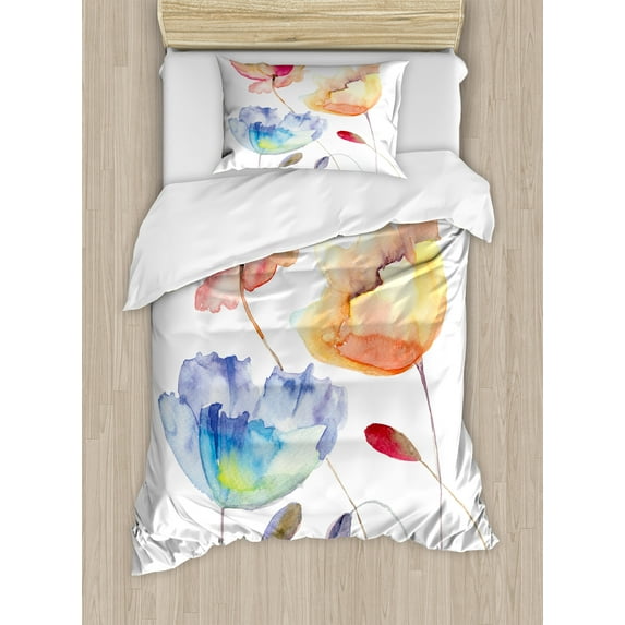Watercolor Flower Duvet Cover Set, Summer Flowers in Retro Style Painting Effect Nature is Art, Decorative 2 Piece Bedding Set with 1 Pillow Shams, Twin Size, Orange Blue Red, by Ambesonne