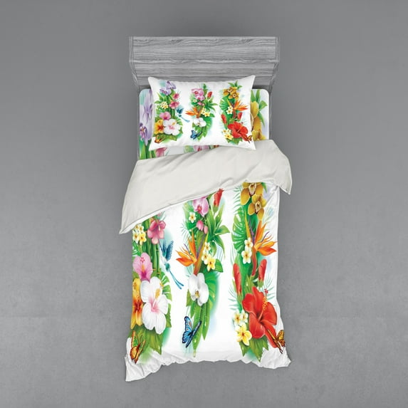 Watercolor Flower Duvet Cover Set, Tropical Christmas Bouquet Tropical Hibiscus Blossoms Leaf Butterfly, Bedding Set with Shams and Fitted Sheet, 3 Sizes, by Ambesonne