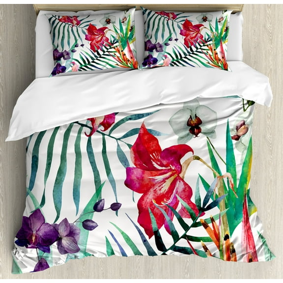 Watercolor Flower Duvet Cover Set, Tropical Wild Orchid Flowers with Palm Leaves Print Exotic Style Nature, Decorative 3 Piece Bedding Set with 2 Pillow Shams, Calking Size, Multicolor, by Ambesonne