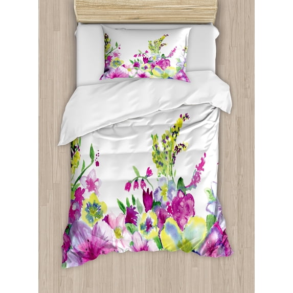 Watercolor Flower Duvet Cover Set Twin Size, Hybrid Garden Floret Composition with Heathers and Stocks Abstract Art, Decorative 2 Piece Bedding Set with 1 Pillow Sham, Pink Green, by Ambesonne