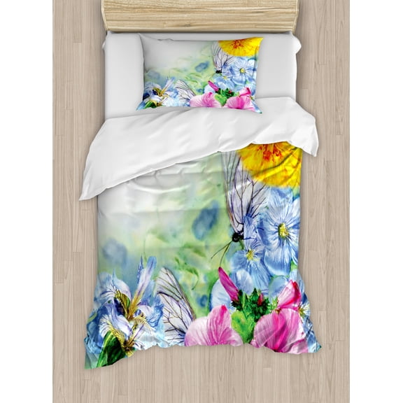 Watercolor Flower Duvet Cover Set Twin Size, Surreal Iris Peony Poppy Petals Paint with Moth Butterflies Wilderness, Decorative 2 Piece Bedding Set with 1 Pillow Sham, Multicolor, by Ambesonne