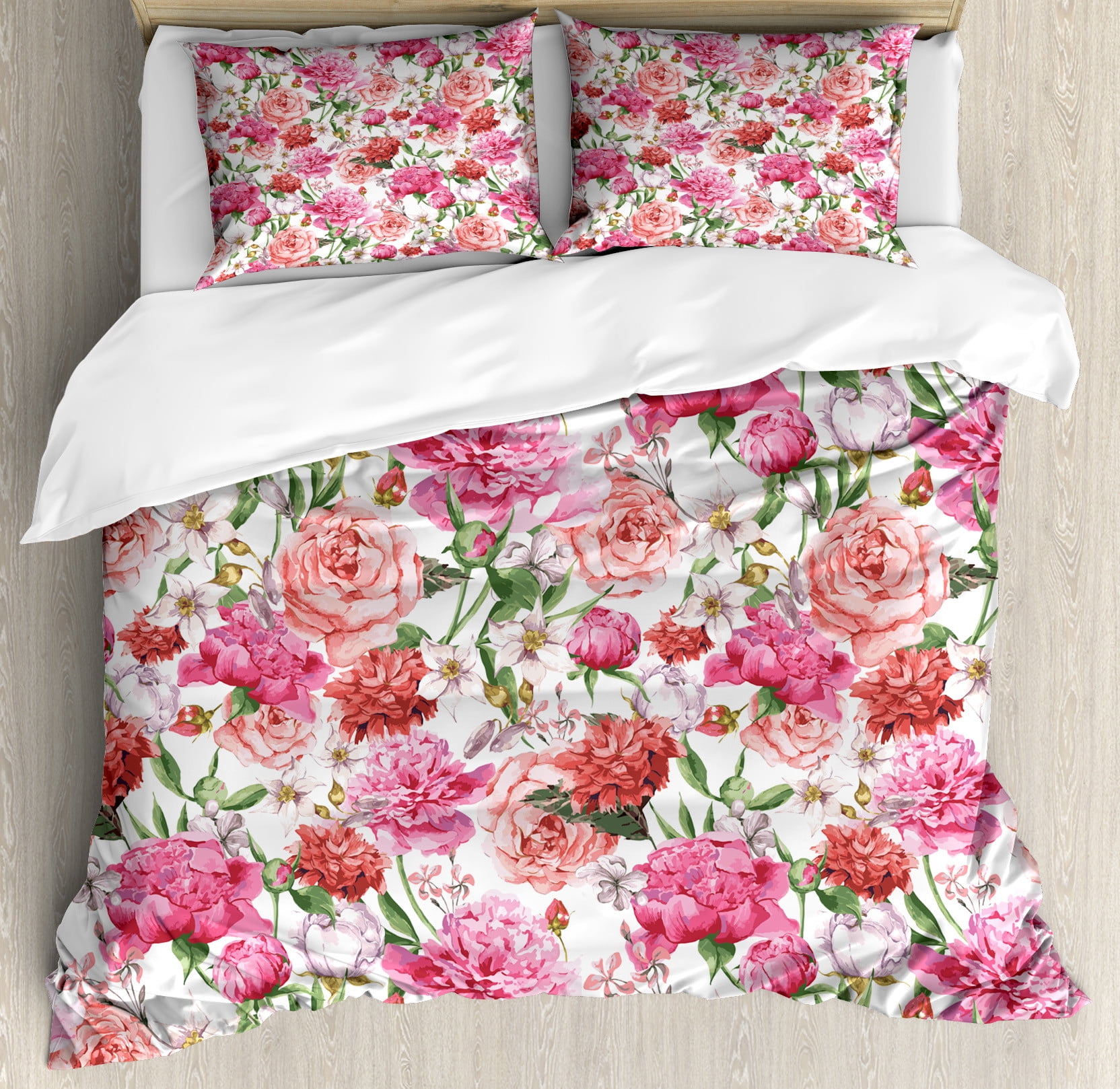 King White Pink Floral Duvet Cover Set with Shams