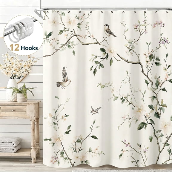 Watercolor Flower Fabric Elegant Bird and Spring Blossom Shower Curtain, Exquisite Floral Shower Curtain Set for Bathroom, Waterproof Cloth Fabric with Hooks Farmhouse Style Decor, 36*72in