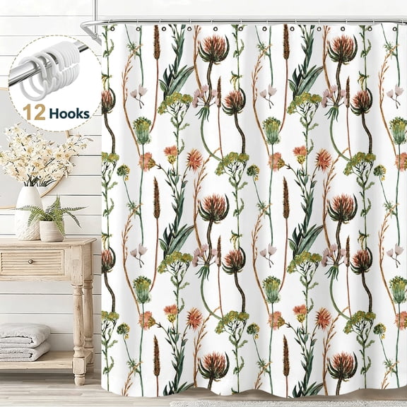 Watercolor Flower Fabric Rustic Wildflower Shower Curtain, Exquisite Elegant Floral Shower Curtain Set for Bathroom, Waterproof Cloth Fabric with Hooks Wildflower Bathroom Shower Curtain, 36*72in