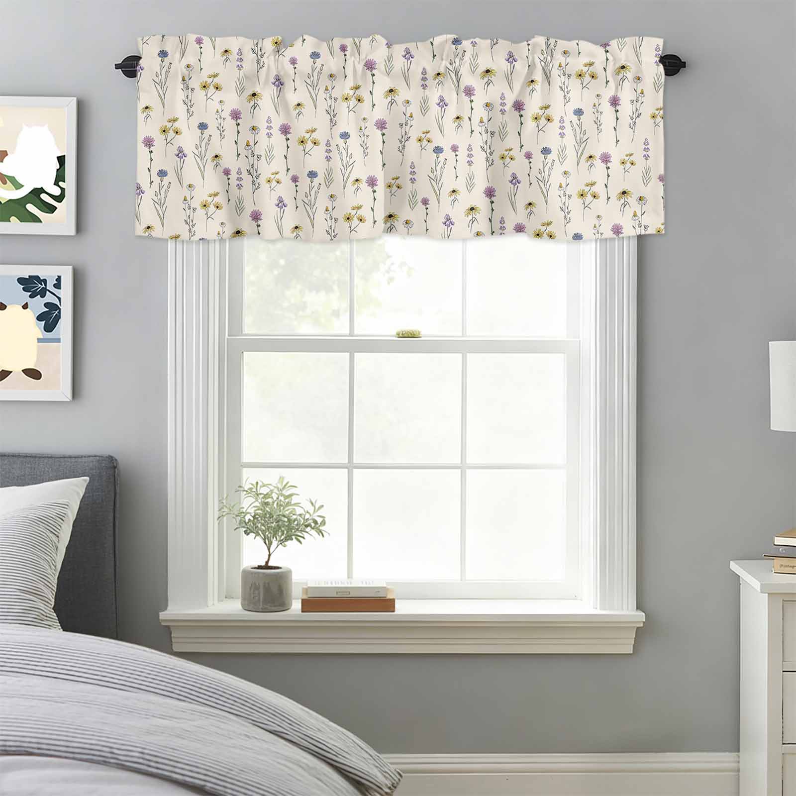Watercolor Flower on Faint Yellow Valances for Windows,Rod Pocket ...