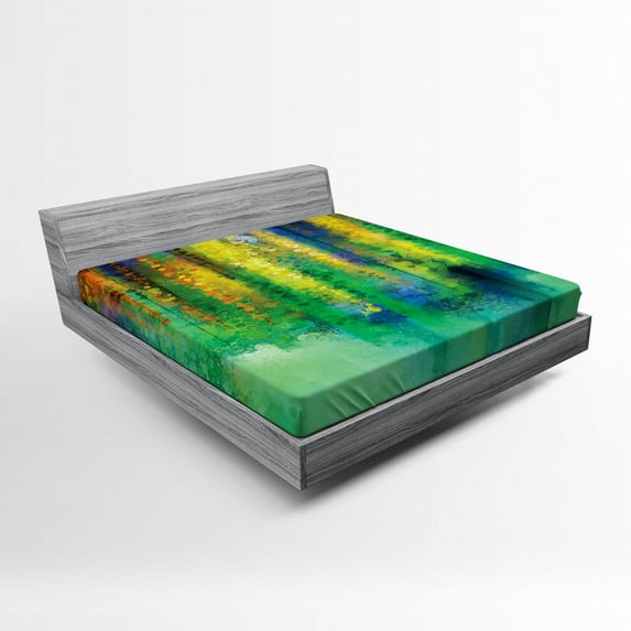 Watercolor Flower Fitted Sheet, Abstract Style Spring Floral Watercolor Style Painting Image Nature Art, Soft Decorative Fabric Bedding, Full Size, Green Yellow, by Ambesonne