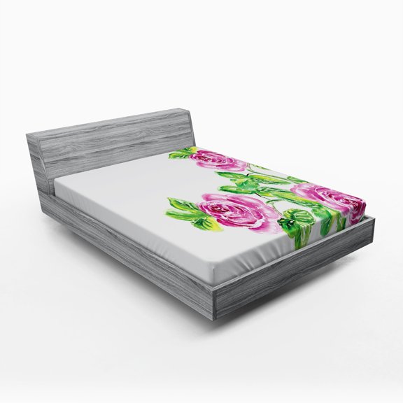 Ambesonne Floral Fitted Sheet, Roses Romance, Queen Size, Pink Green