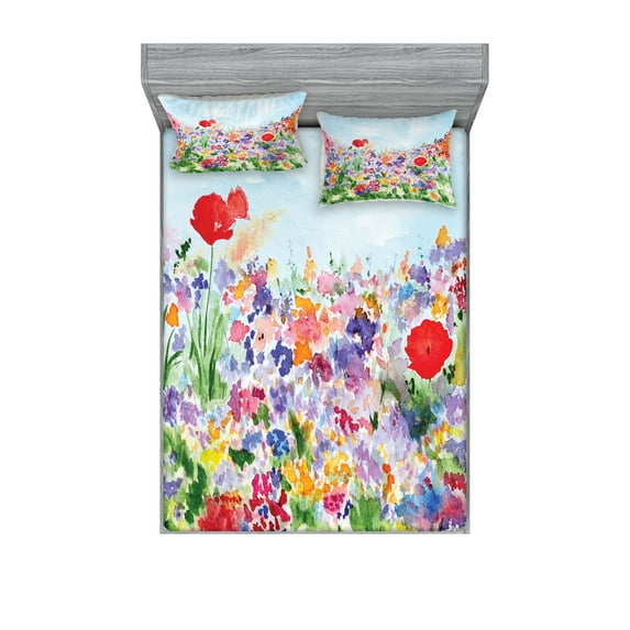 Watercolor Flower Fitted Sheet & Pillow Sham Set, Floral Summer Garden Grass and Blooms Love Illustration Print, Decorative Printed 6 Piece Bedding Decor Set, King, Red Green Purple, by Ambesonne