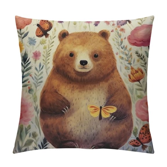 Watercolor Flower Flannel Fleece Pillow Cushion Cover, Bear Flowers and Bee Animal Nature Modern Illustration, Decorative Square Accent Pillow Case, Multicolor