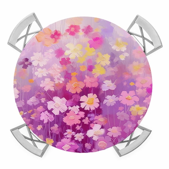 Watercolor Flower Floral Elastic Fitted Round Table Cover Branch Leaves Colorful Waterproof Outdoor Tablecloth for Holiday Party, Picnic, Patio & Dining Fits Tables Up to 55"-60"