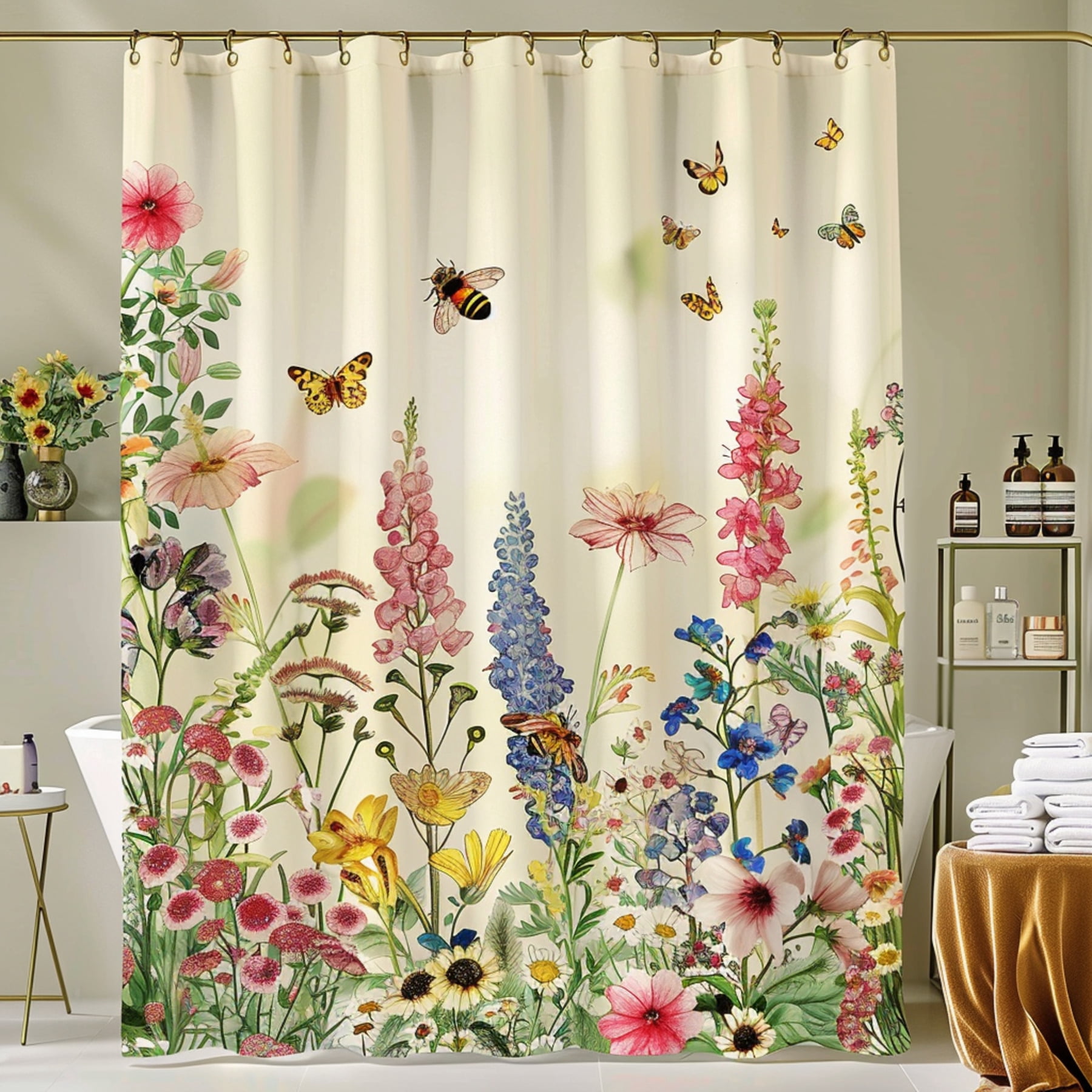 Watercolor Flower Garden Shower Curtain with Butterflies Vintage Style ...