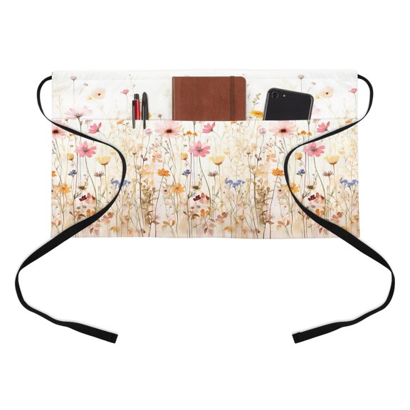 Watercolor Flower Half Waist Apron Beige Pink Floral Farmhouse Vintage Short Waiter Aprons with 3 Pockets for Women Men Kitchen Restaurant Cooking