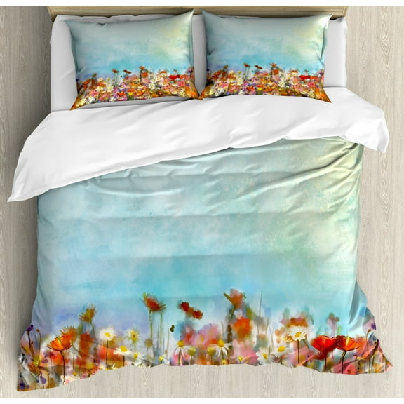 Watercolor Flower Home Decor King Size Duvet Cover Set, Several Kind of Flower Bed in Sun Summer Aquarelle Technique Design, Decorative 3 Piece Bedding Set with 2 Pillow Shams, Multi, by Ambesonne