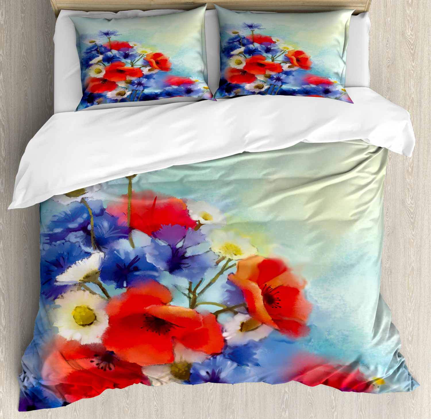 Watercolor Flower Home Decor Queen Size Duvet Cover Set, Close Up Structured Bouquet with Flower Types Poppy Peace Design, Decorative 3 Piece Bedding Set with 2 Pillow Shams, Red Blue, by Ambesonne - image 1 of 3