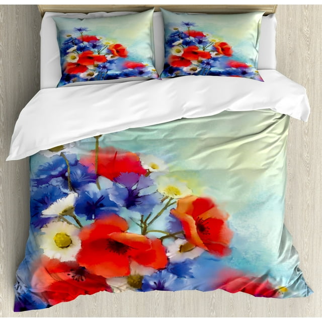 Watercolor Flower Home Decor Queen Size Duvet Cover Set, Close Up Structured Bouquet with Flower Types Poppy Peace Design, Decorative 3 Piece Bedding Set with 2 Pillow Shams, Red Blue, by Ambesonne