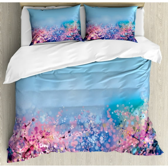 Watercolor Flower Home Decor Queen Size Duvet Cover Set, Retro Cherry Blossom Petal Perennial Herb Botanic Habitat Print, Decorative 3 Piece Bedding Set with 2 Pillow Shams, Pink Blue, by Ambesonne
