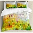 thumbnail image 1 of Watercolor Flower Home Decor Queen Size Duvet Cover Set, Trippy Violet Garden Made with Brushstrokes Ferns Sketchy Paint, Decorative 3 Piece Bedding Set with 2 Pillow Shams, Green, by Ambesonne, 1 of 3