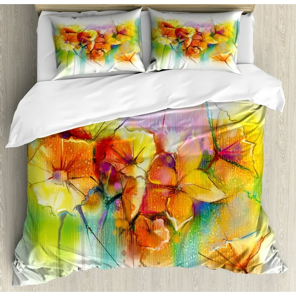 Watercolor Flower Home Decor Queen Size Duvet Cover Set, Vibrant Autumn Bouquet withTypes of Blooms Daffodil Fragrant Image, Decorative 3 Piece Bedding Set with 2 Pillow Shams, Multi, by Ambesonne