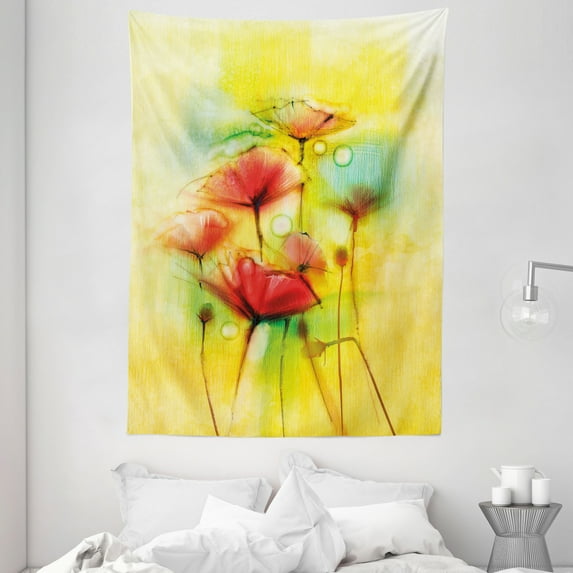 Watercolor Flower Home Decor Tapestry, Poppy Flowers Motif in Tones Spring Inspired Modern Picture, Wall Hanging for Bedroom Living Room Dorm Decor, 60W X 80L Inches, Yellow Red, by Ambesonne
