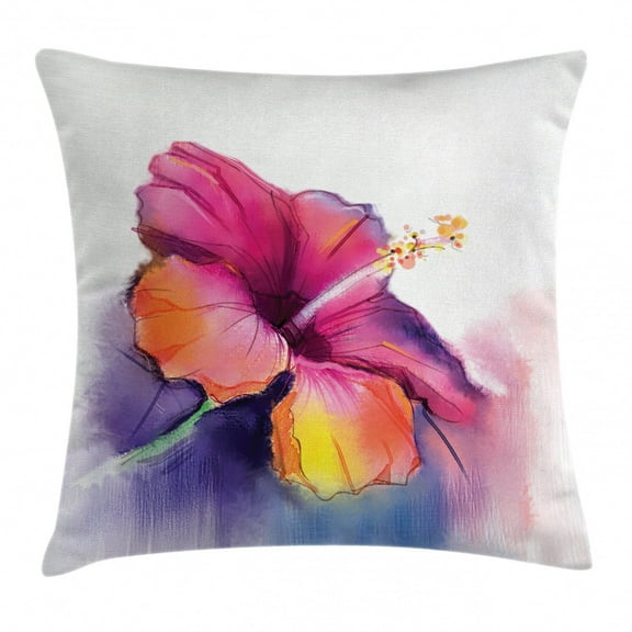 Watercolor Flower Home Decor Throw Pillow Cushion Cover, Hibiscus Flower in Pastel Abstract Romantic Petal Pattern, Decorative Square Accent Pillow Case, 16 X 16 Inches, Orange Purple, by Ambesonne