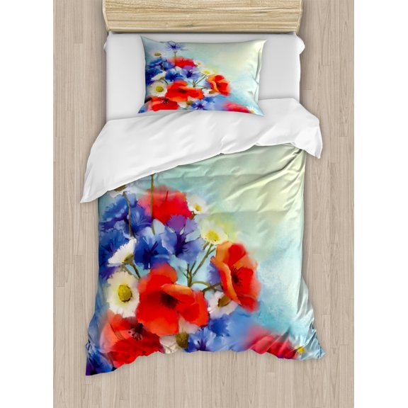 Watercolor Flower Home Decor Twin Size Duvet Cover Set, Close Up Structured Bouquet with Flower Types Poppy Peace Design, Decorative 2 Piece Bedding Set with 1 Pillow Sham, Red Blue, by Ambesonne