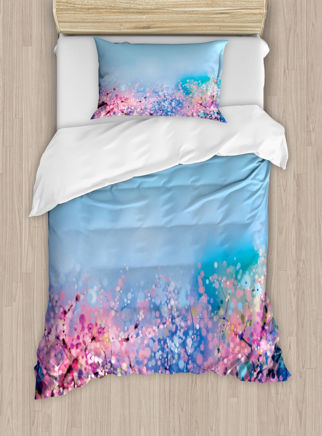 Twin Blue and Pink Floral Microfiber Duvet Cover Set