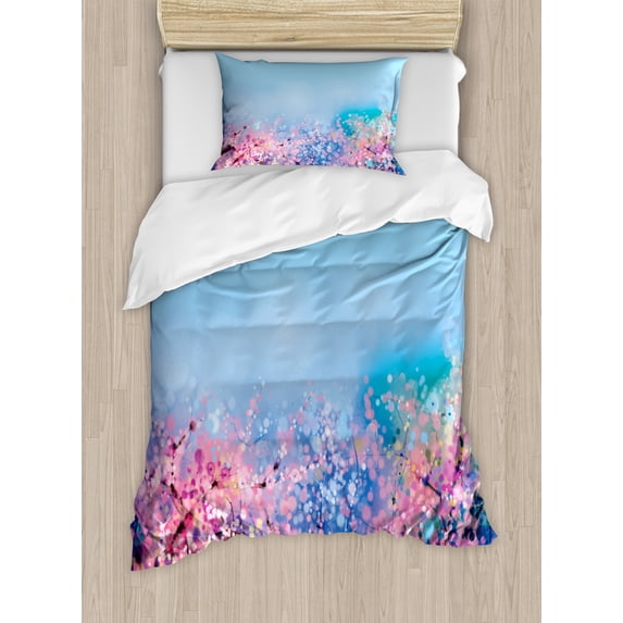 Watercolor Flower Home Decor Twin Size Duvet Cover Set, Retro Cherry Blossom Petal Perennial Herb Botanic Habitat Print, Decorative 2 Piece Bedding Set with 1 Pillow Sham, Pink Blue, by Ambesonne