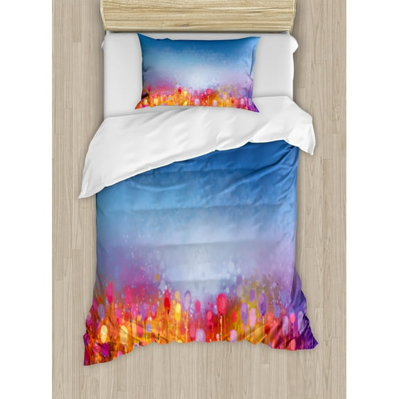 Watercolor Flower Home Decor Twin Size Duvet Cover Set, Tulip Garden under Blue Sky in Medieval Ottoman Culture Symbols, Decorative 2 Piece Bedding Set with 1 Pillow Sham, Multi, by Ambesonne