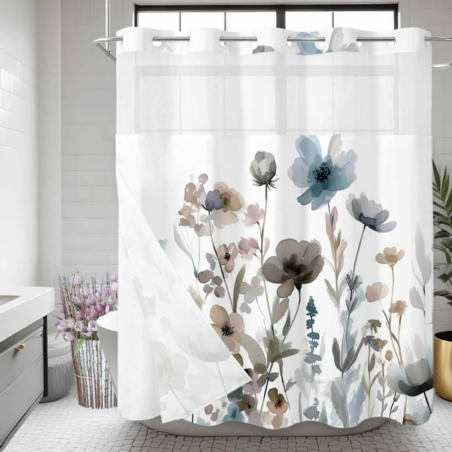 Watercolor Flower Shower Curtain,No Hooks Required with Snap in Liner ...
