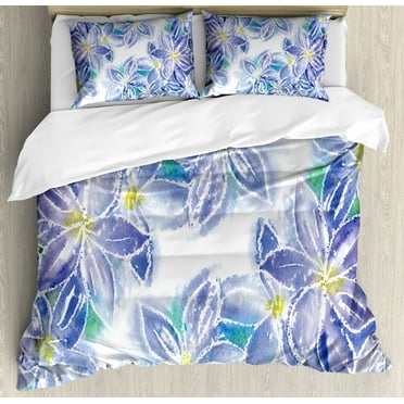 Watercolor Flower House Decor King Size Duvet Cover Set, Spring Season Blossoms Mother Earth Petals Bouquet Design, Decorative 3 Piece Bedding Set with 2 Pillow Shams, Blue Yellow, by Ambesonne