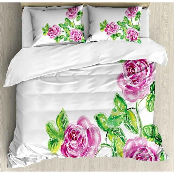 Watercolor Flower House Decor Queen Size Duvet Cover Set, Picturesque Glamour Dramatic Rose Figures with Cracked Effect, Decorative 3 Piece Bedding Set with 2 Pillow Shams, Pink Green, by Ambesonne