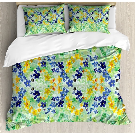 Watercolor Flower House Decor Queen Size Duvet Cover Set, Psychedelic Symmetric Interlace Japanese Garden Flowers Image, Decorative 3 Piece Bedding Set with 2 Pillow Shams, Green Blue, by Ambesonne