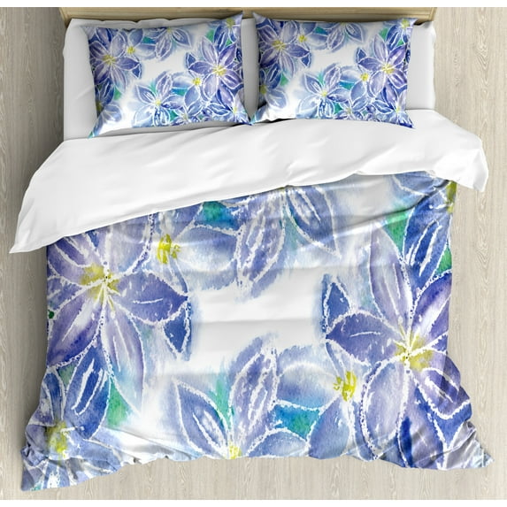 Watercolor Flower House Decor Queen Size Duvet Cover Set, Spring Season Blossoms Mother Earth Petals Bouquet Design, Decorative 3 Piece Bedding Set with 2 Pillow Shams, Blue Yellow, by Ambesonne