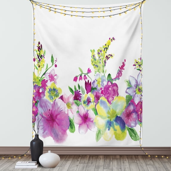 Watercolor Flower House Decor Tapestry, Hybrid Garden Floret Composition with Heathers and Stocks Art, Wall Hanging for Bedroom Living Room Dorm Decor, 40W X 60L Inches, Pink Green, by Ambesonne