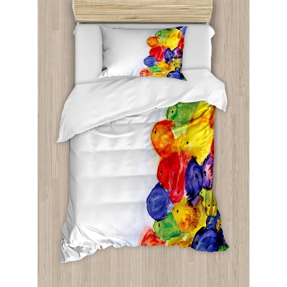 Watercolor Flower House Decor Twin Size Duvet Cover Set, Group of Murky Mix Fish Sea Animals in Dark Motley Abstract Image, Decorative 2 Piece Bedding Set with 1 Pillow Sham, Multi, by Ambesonne