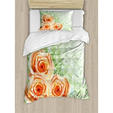 Watercolor Flower House Decor Twin Size Duvet Cover Set, Hand Drawn Old Persian Roses on Grass Perennial Botanic Art, Decorative 2 Piece Bedding Set with 1 Pillow Sham, Orange Green, by Ambesonne