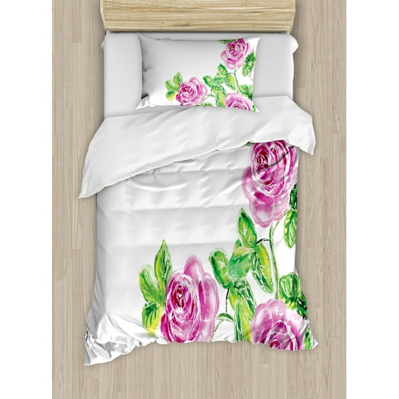 Watercolor Flower House Decor Twin Size Duvet Cover Set, Picturesque Glamour Dramatic Rose Figures with Cracked Effect, Decorative 2 Piece Bedding Set with 1 Pillow Sham, Pink Green, by Ambesonne