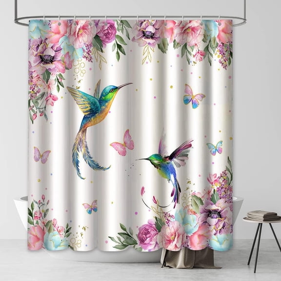 Watercolor Flower Hummingbird Shower Curtain for Bathroom Pink Wildflower Polyester Fabric Botanical Shower Curtain with Hooks,Spring Bathroom Decor 72x72 Inches