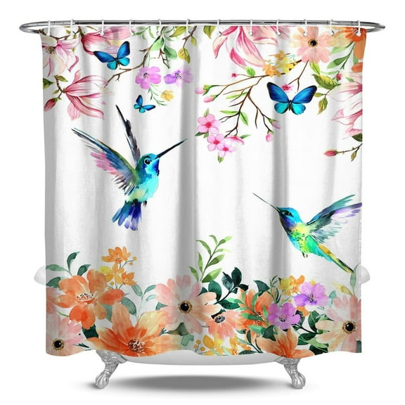 Watercolor Flower Hummingbird Shower Curtain for Bathroom Set Modern Floral Bird Home Bathtub Decor with 12 Hooks Washable Durable Polyester Fabric 84"x72"