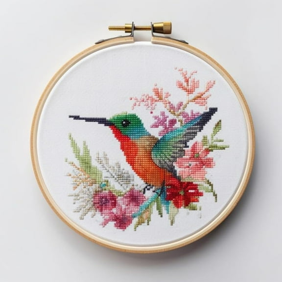 Watercolor Flower Hummingbird Starter Easy Cross Stitch Kits Color Stamped Embroidery Kits DIY 11CT Stamped Patterns Embroidery Needlework Kit Supplies 12 Inch Hoop Included(et-141)