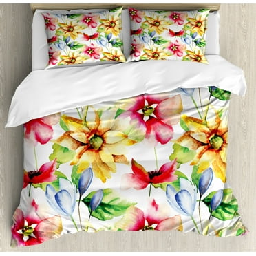 Watercolor Flower King Size Duvet Cover Set, Spring Flower Pattern Print with Watercolor Effect Country Style Artwork, Decorative 3 Piece Bedding Set with 2 Pillow Shams, Multicolor, by Ambesonne