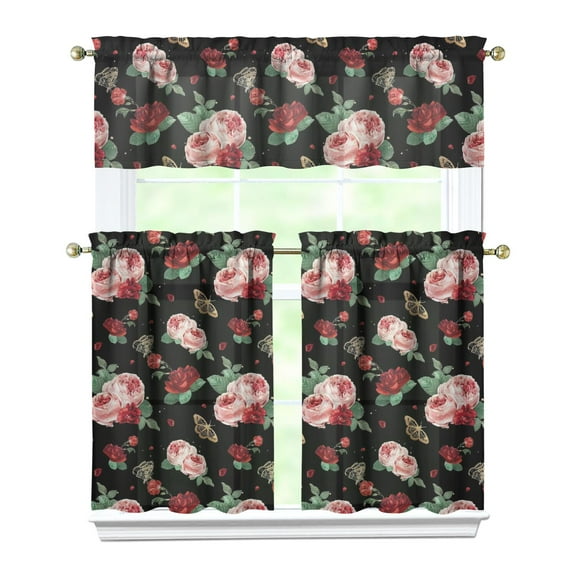 Watercolor Flower Kitchen Curtains Set with Valance and Tiers Farmhouse Style