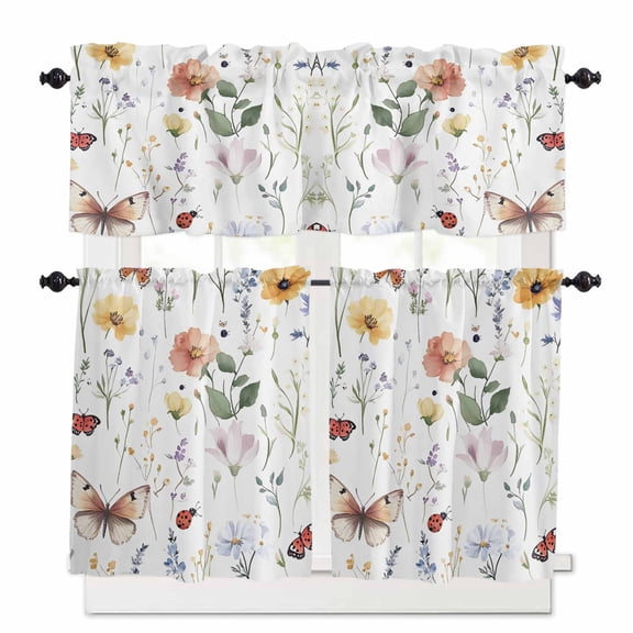 Watercolor Flower Kitchen Curtains Valances and Tiers Set of 3, 24 Inch Length Tier Curtains and Valance Rod Pocket Valance Curtains Set for Kitchen Bathroom Small Windows