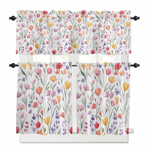 Watercolor Flower Kitchen Curtains Valances and Tiers Set of 3 Retro Yellow Red Floral Tier Curtains and Valance for Kitchen Bathroom Small Windows 27.5"W x 24"L (Pack of 3)