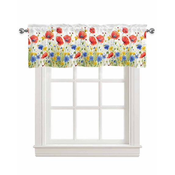 Watercolor Flower Kitchen Valances for Windows Farmhouse Linen Window Valance Curtain for Living Room Window Treatment Patriotic Red Blue Poppy Floral Valance Rod Pocket Topper Drape, 54 x 18 Inch
