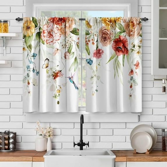 Watercolor Flower Kitchen Window Curtains: Colorful Floral Aesthetic Short Cafe Curtains Decor for Living Room Tier Curtains for Bathroom Rod Pocket Window Drapes 36 Inch Length 2 Panels Set