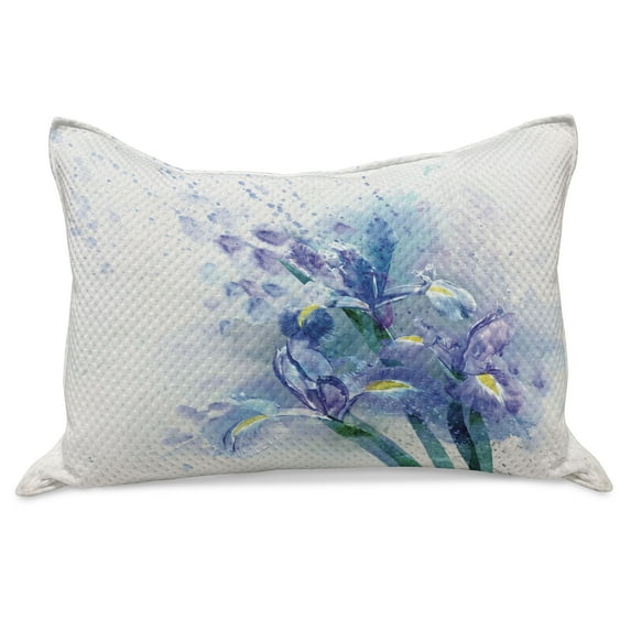 Watercolor Flower Knitted Quilt Pillowcover, Floral Background Irises in Fresh Colors Nature Earth, Standard King Size Pillow Cover for Bedroom, 36" x 20", Lilac Teal Ecru, by Ambesonne
