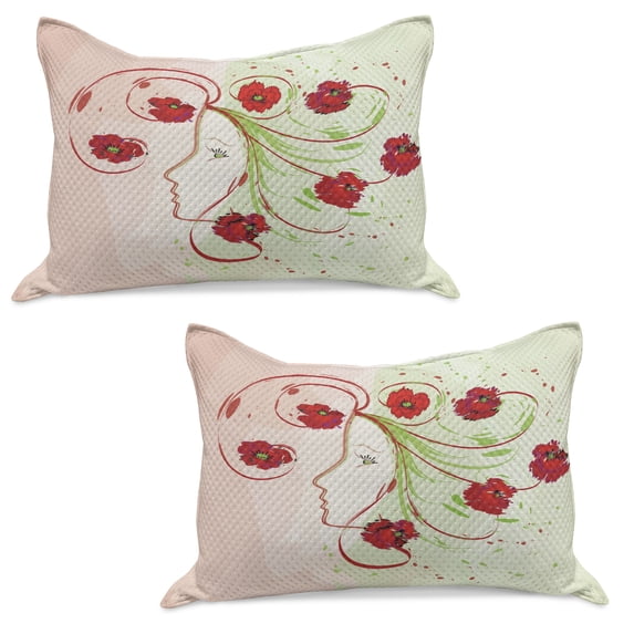 Watercolor Flower Knitted Quilt Pillowcover Set of 2, Girl Profile Poppies Floral Hair Watercolor Effect Design Print, Standard Queen Pillow Sham Bedroom, 30" x 20", Green Red, by Ambesonne