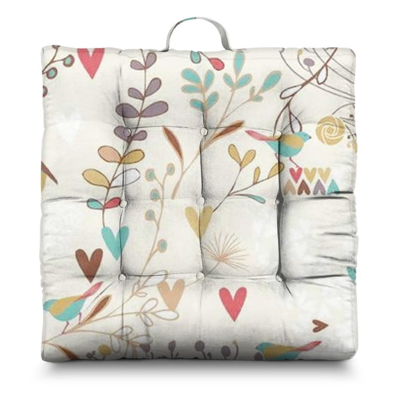 Watercolor Flower Meditation Seat - Fluffy Square Cushion with Tropical Botanical Print